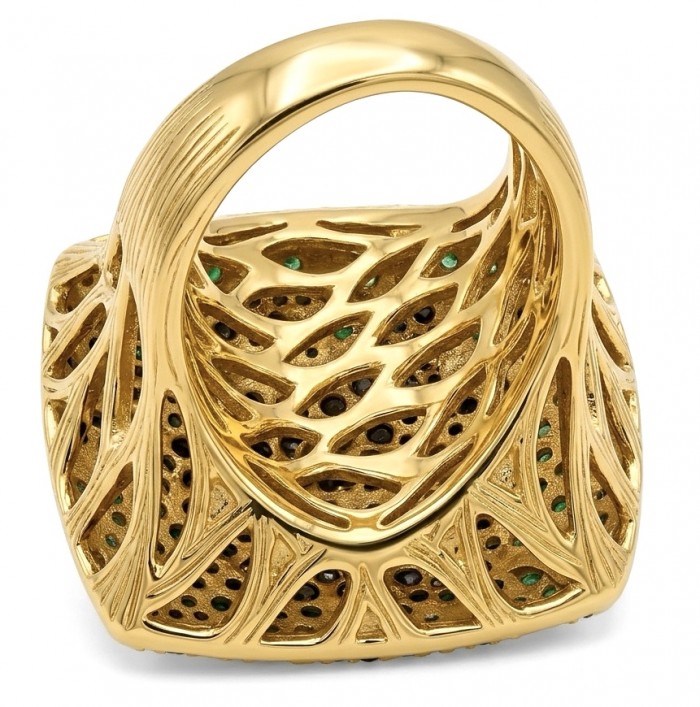 Peaceful Village - LARGE Authentic 8.8 carat pave Multigem .925 Sterling Silver brilliantly dipped in 22K Gold handcrafted Statement ring; s. 7 - Back view of Peaceful Village ring, intricate gold detailing visible.