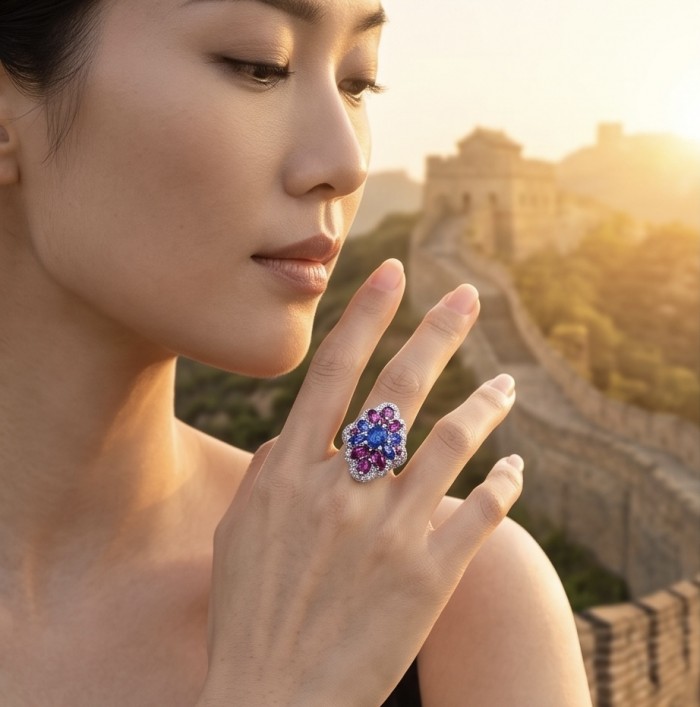 Authentic 4.5 carat Kyanite Tanzanite .925 Sterling Silver handcrafted Ring size 8 1/2 - Ring with blue-pink stones worn on hand, Great Wall in background