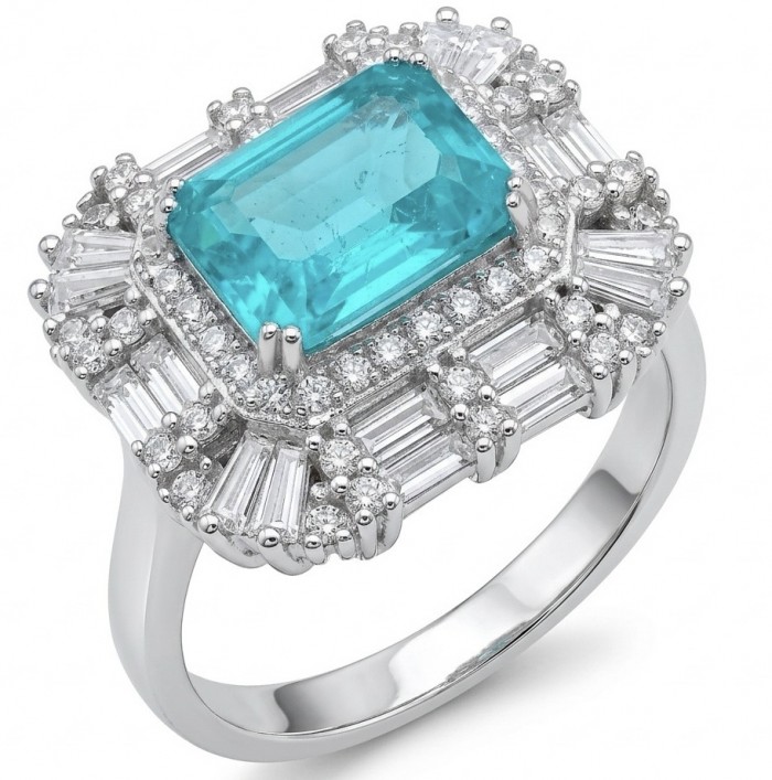 Isabella 4.2 carat Colombian Emerald .925 Sterling Silver dipped in Rhodium handcrafted Ring size 8 1/4 - Close-up of Isabella ring with emerald and diamonds on sterling silver.