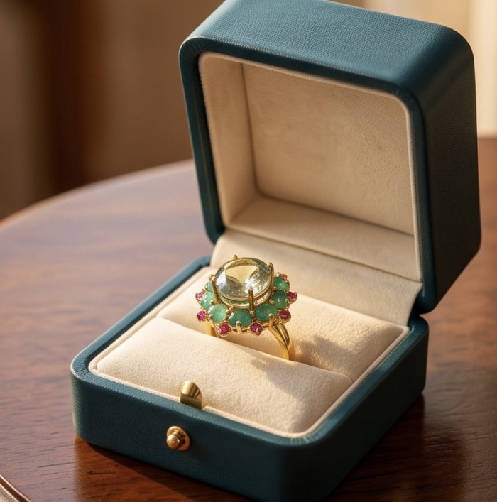 Isabel Authentic 18.7 carat Green Amethyst 22K Gold over .925 Sterling Silver handcrafted Statement Ring size 9 - Gold ring with green amethyst in open box, top view close-up.