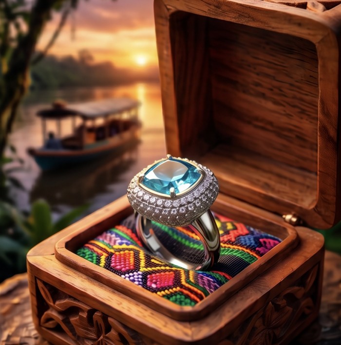 Aqua 10.5 carat Swiss Blue Topaz rhodium over .925 Sterling Silver handcrafted ring size 8 - Swiss Blue Topaz ring in open box by sunset river, side view.