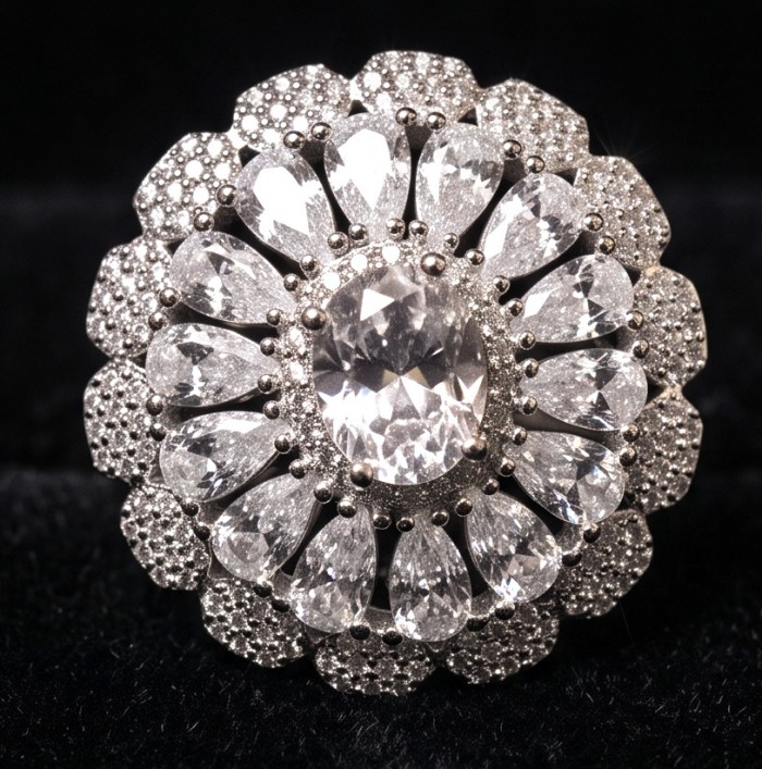Real Beauty - 10.5 carat White Sapphire .925 Sterling Silver Handcrafted Statement Ring size 8 1/2 - Close-up of 10.5 carat white sapphire sterling silver ring.