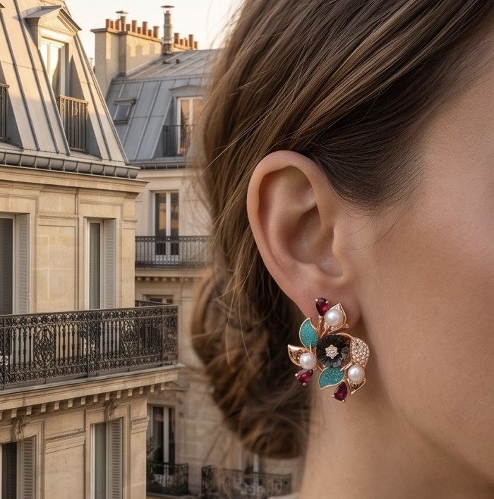 Masterpiece Authentic Pearl Enamel 18K Rose Gold over .925 Sterling Silver handcrafted earrings - Earring close-up, worn, Masterpiece Pearl Enamel 18K Rose Gold