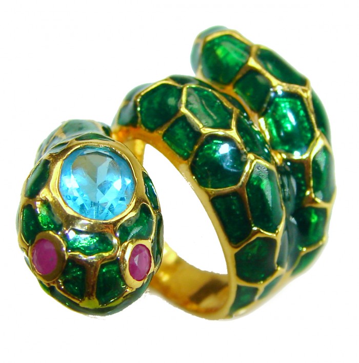Green Snake Ruby Enamel 18K Gold over .925 Sterling Silver Huge handcrafted Ring s. 5 3/4 - photo 5