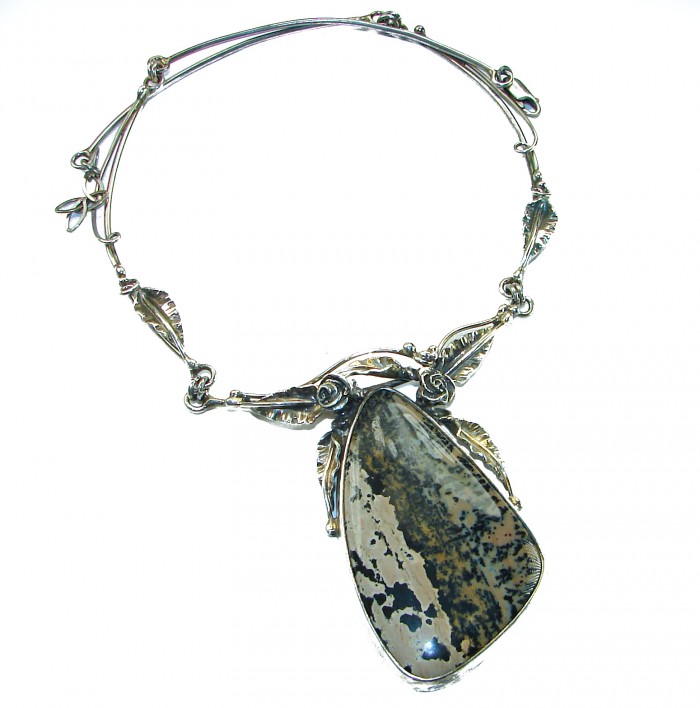 Nature Inspired genuine Ocean Jasper .925 Sterling Silver handmade necklace - Front view of nature-inspired Ocean Jasper pendant necklace in silver.