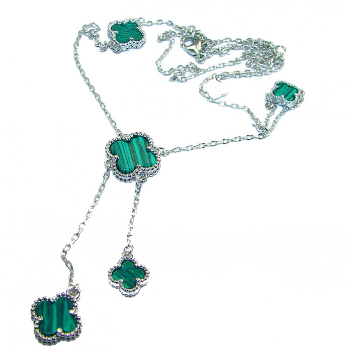 Outstanding authentic inlay Malachite Lucky Four Leaf Clover .925 Sterling Silver necklace - Necklace with malachite clover charms and close-up of chain and clasp.
