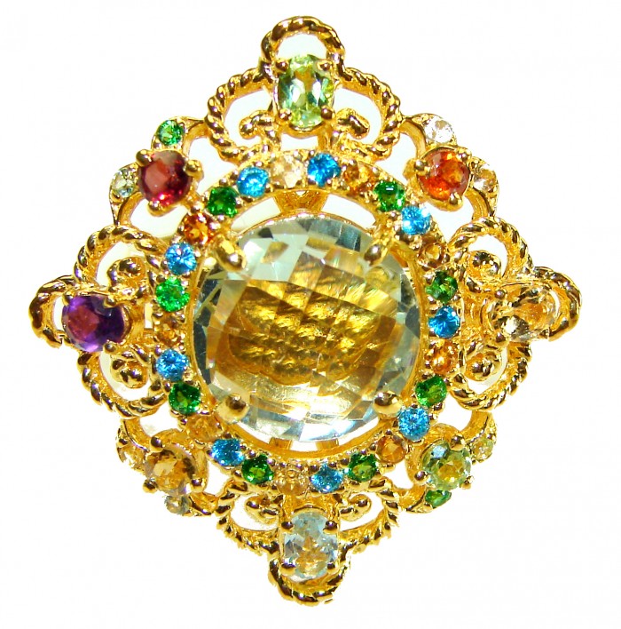 Celtic Spirit authentic fancy cut 11.5 carat Citrine 18K Gold over .925 Sterling Silver handcrafted Statement Ring s. 7 - Ornate top view of 11.5 carat Citrine in 18K gold with colorful gems