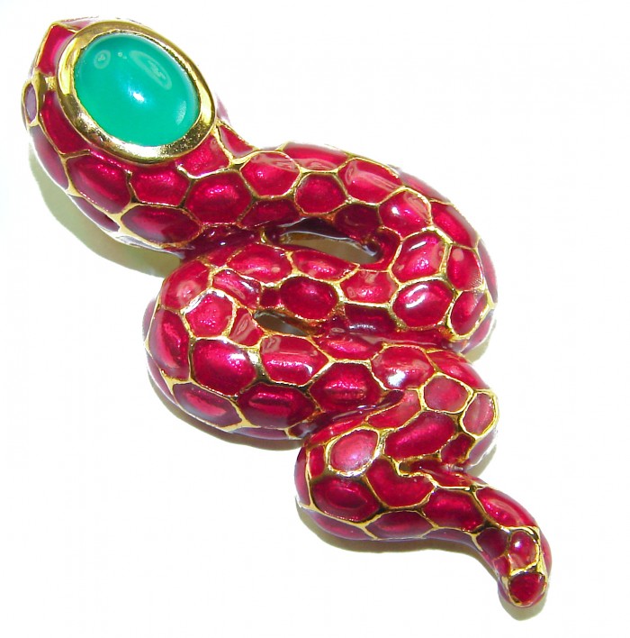 INCREDIBLE Red Snake Natural Ruby Enamel Snake 14K Gold over .925 Sterling Silver Pendant - Red snake brooch with emerald cabochon, top view.