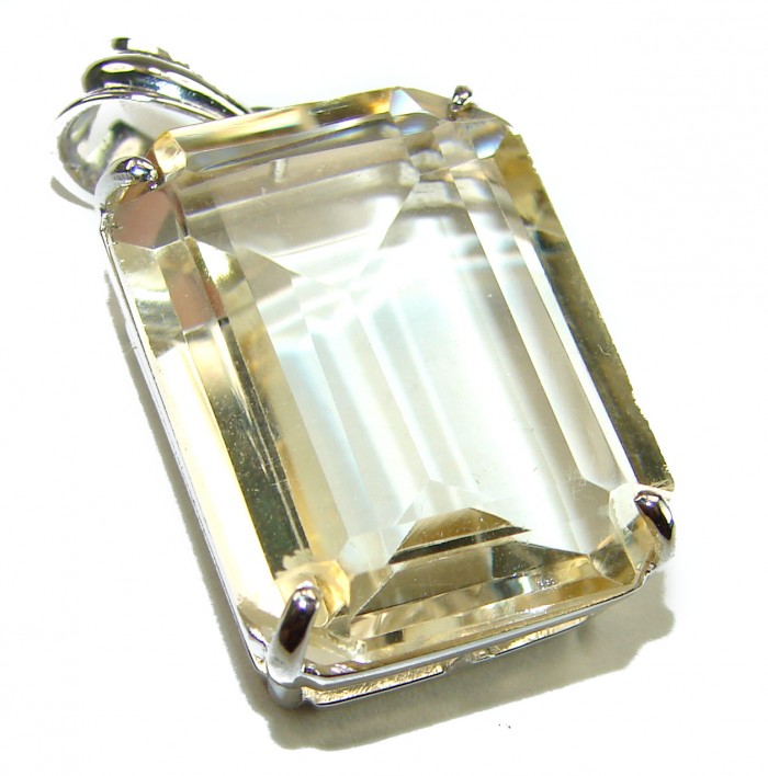 Perfection emerald cut 18.3 carat Lemon Quartz .925 Sterling Silver handcrafted pendant - Close-up of emerald cut Lemon Quartz in sterling silver setting.