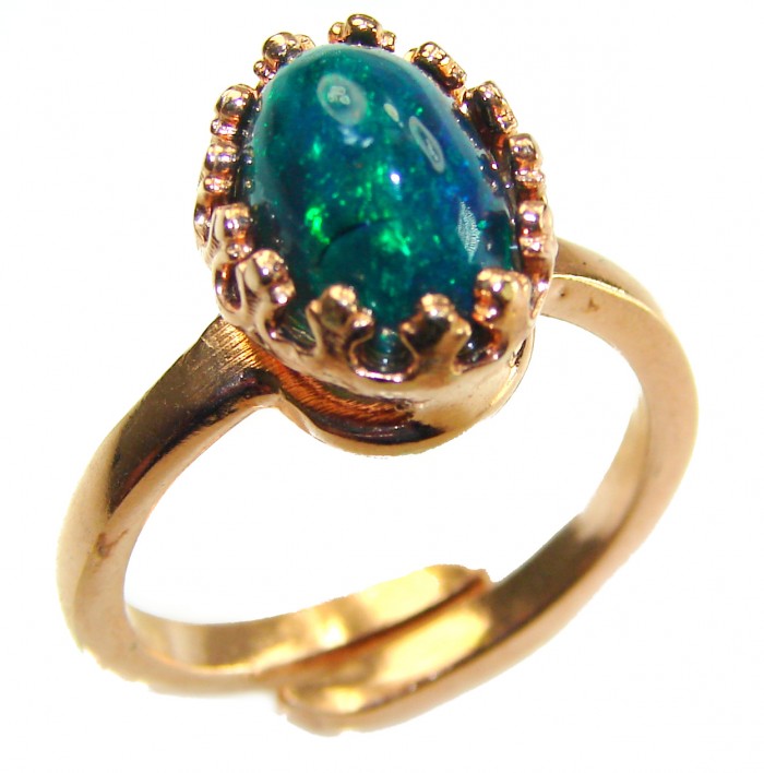 A COSMIC POWER Genuine 4.2 carat Black Opal 18K Gold over .925 Sterling Silver handmade Ring size 7 adjustable - Close-up of black opal ring in 18K gold with prong setting