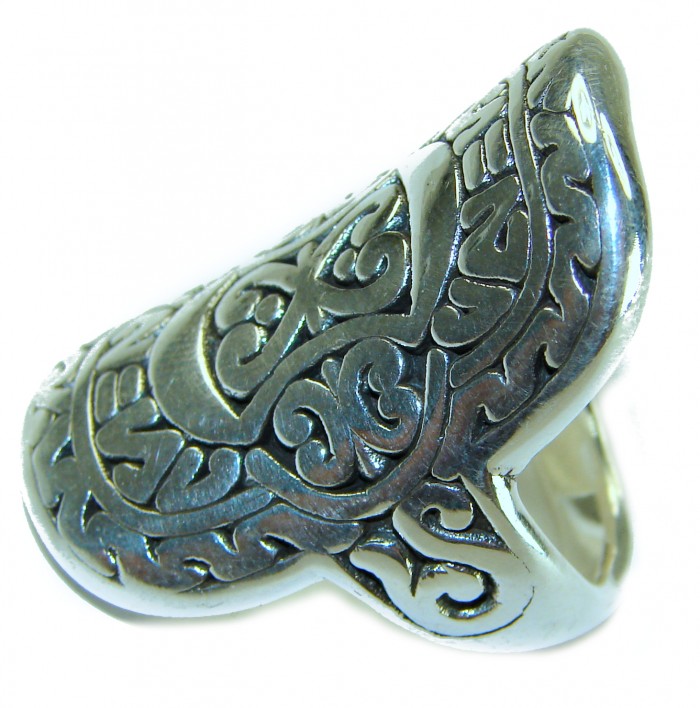 Large and Solid Bali made .925 Sterling Silver ring size 9 - Side view of intricate Bali-made .925 sterling silver ring, size 9.