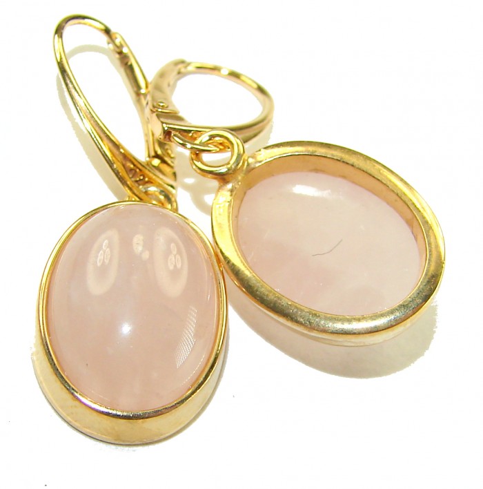 Authentic 10.2 carat Rose Quartz 14K Gold over .925 Silver handcrafted Statement earrings - Close-up of rose quartz earrings in gold over silver settings.