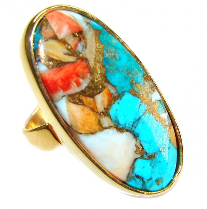 Rare 29.5 carat Oyster Turquoise 18K Gold over .925 Sterling Silver handcrafted Large ring; s. 7 adjustable - Close-up of Oyster Turquoise ring with 18K Gold over .925 Sterling