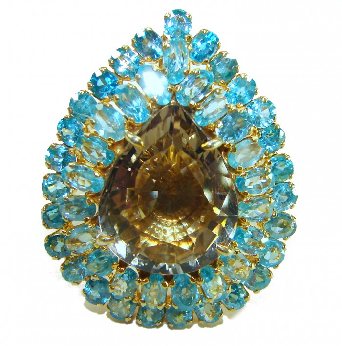 Celestial Power 49.5 carat Champagne Smoky Topaz 14K Gold over .925 Sterling Silver HUGE Ring size 7 1/4 - Close-up of Celestial Power Topaz ring with blue stones and gold setting