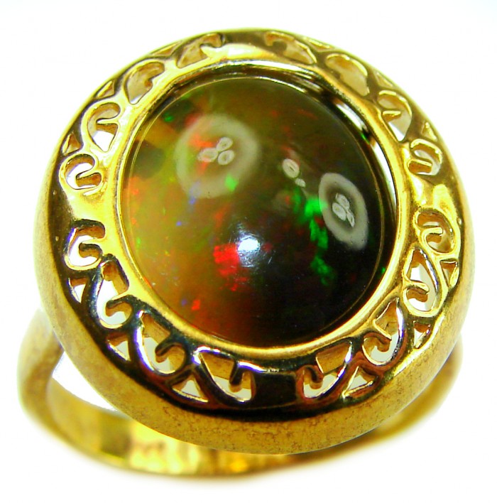 Milky way Genuine 14.2 carat Black Opal 18K Gold over .925 Sterling Silver handmade Ring size 7 3/4 - Close-up of 14.2 carat black opal ring with gold detailing