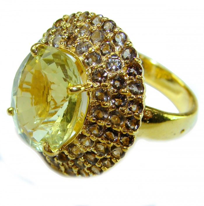 Real Treasure 10.5 carat Golden Topaz .925 Sterling Silver dipped in 22K Gold Handcrafted Huge Ring size 6 3/4 - Close-up of golden topaz ring with gem details, side view