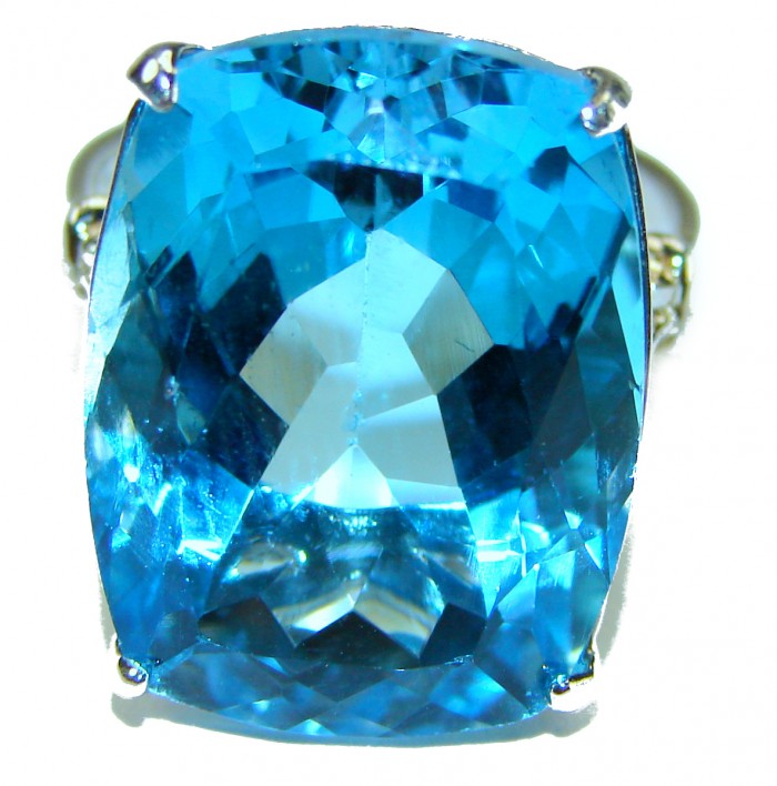 Poseidon 28.8 carat Swiss Blue Topaz .925 Sterling Silver handcrafted Large ring size 7 - Close-up of Poseidon Swiss Blue Topaz in sterling silver setting.