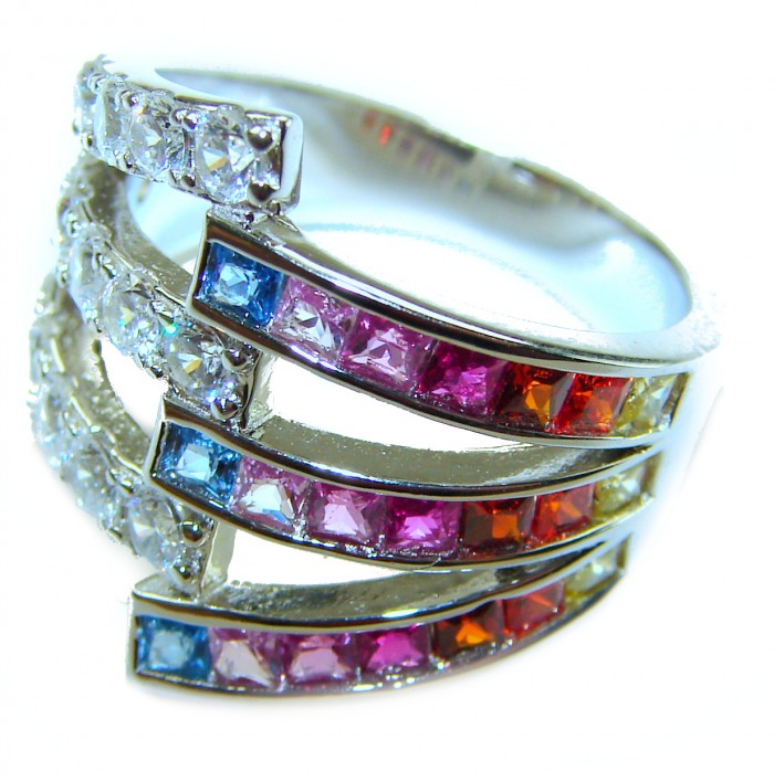 My own Rainbow - authentic 8.7 carat multigem .925 Sterling Silver Eternity Ring size 6 - Multigem sterling silver ring, side view showing colorful stones.