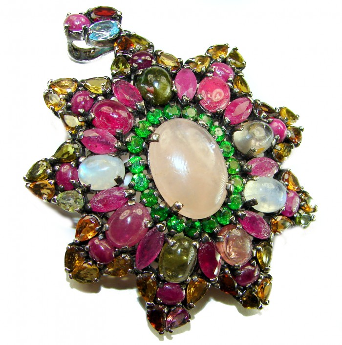Vintage style Beauty genuine Rose Quartz Brazilian Tourmaline .925 Sterling Silver dipped in black rhodum handmade Pendant - Brooch - Vintage pendant with rose quartz and colorful stones, top view.