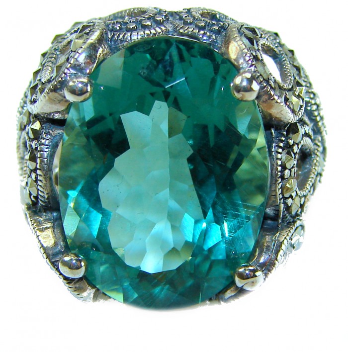 Massive Deep Blue 37.8 carat Aquamarine .925 Sterling Silver handcrafted Large ring size 7 - Close-up of massive deep blue aquamarine ring in sterling silver.