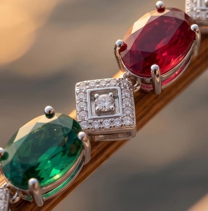 Ginevra - Luxurious natural 18.4 carat Ruby Emerald .925 Sterling Silver handmade Statement necklace - Close-up of Ginevra Ruby and Emerald stones set in .925 silver.