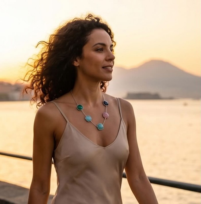 Serafina Multistone Statement 18 inches long rhodium over .925 Sterling Silver necklace - Side view of woman wearing Serafina Multistone Statement Necklace.