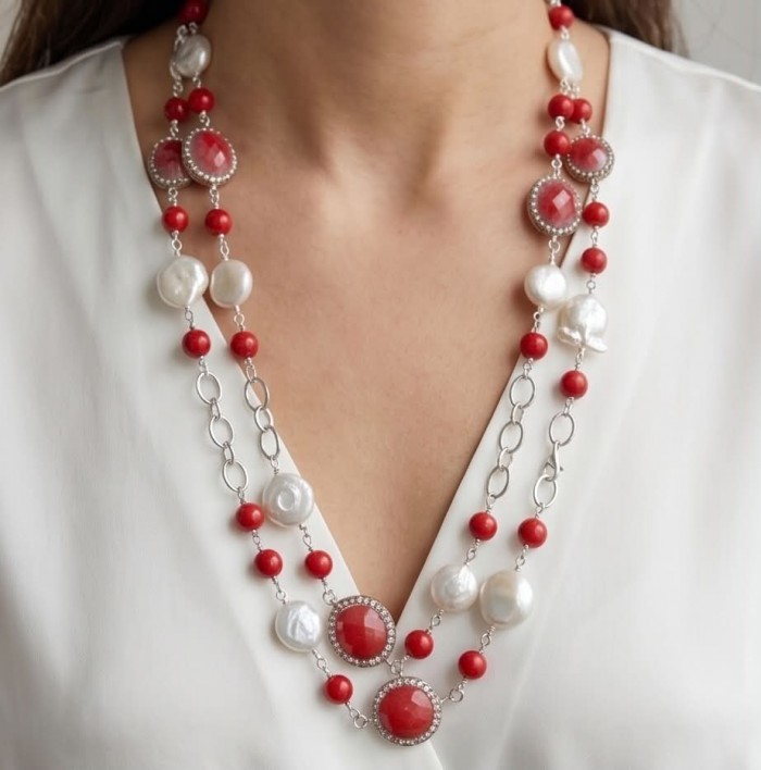 Sublime 32 inches long Red Fossilized Coral .925 Sterling Silver handmade Necklace - Necklace worn on neck, red coral and pearls with silver chain.