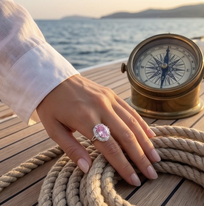 Anastasia 10.2 carat Pink Sapphire .925 Sterling Silver Handcrafted Statement Ring size 8 - Pink sapphire ring on hand with nautical background, compass visible.