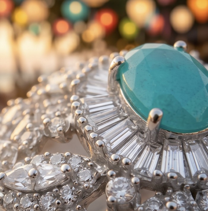 Luxurious 4.2 carat Colombian Emerald .925 Sterling Silver dipped in Rhodium handcrafted Ring size 8 1/4 - Close-up of Colombian emerald and silver ring with sparkling accents