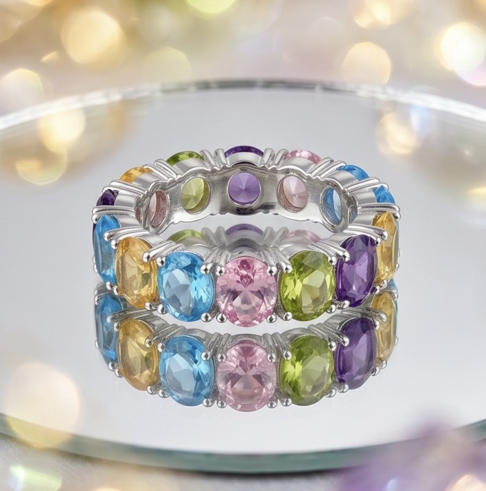 My own Rainbow - authentic 12.7 carat multigem .925 Sterling Silver Eternity Ring size 7 - Rainbow multigem sterling silver ring, colorful stones, reflective surface