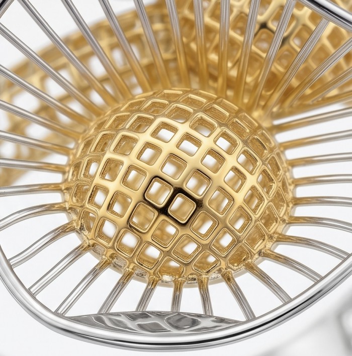 Dubai Style - .925 Sterling Silver dipped in 22K Gold handmade Large ring size 10 1/4 - Close-up of gold and silver lattice design on jewelry piece.