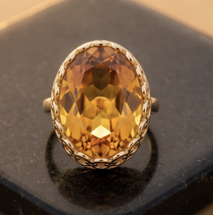 GIOVANNA 48.8 carat Genuine oval CUT Heliodor rhodium over .925 Sterling Silver handcrafted ring size 10 - Close-up of GIOVANNA 48.8 carat oval cut Heliodor ring.