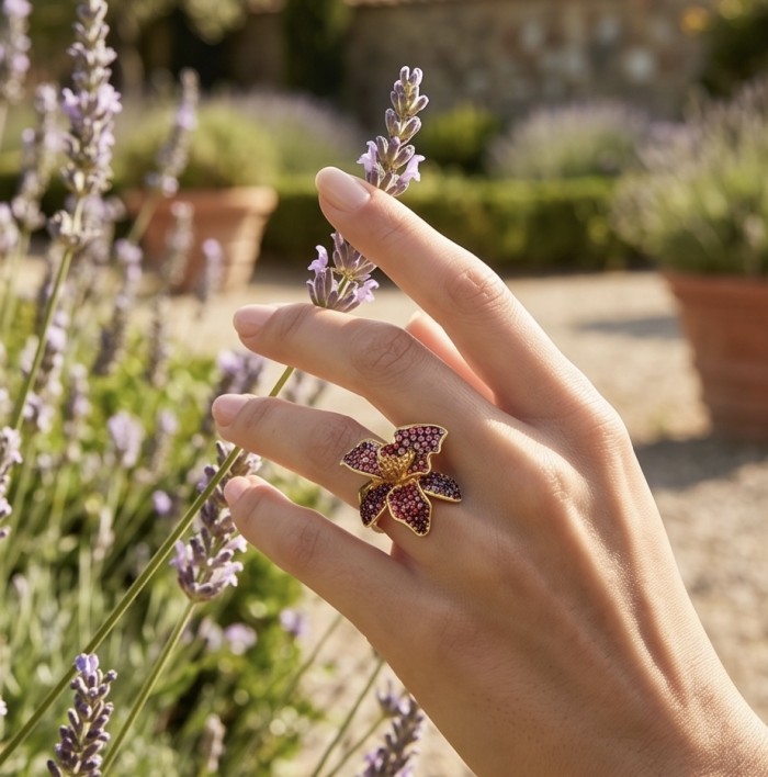 Red Lotus Natural pave 8.2 carat Ruby .925 Sterling Silver dipped IN 18k Gold handmade Statement Ring size 6 adjustable - Red Lotus ruby ring worn on hand, with lavender in background.