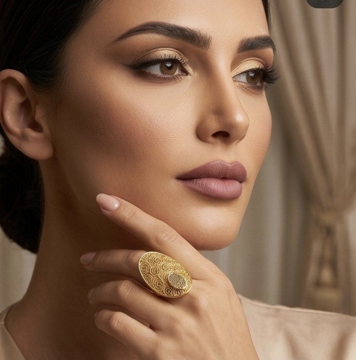 Dubai Style .925 Sterling Silver dipped in 22K Gold handmade Large ring size 8 - Woman wearing oval gold ring, close-up on hand with face in profile.