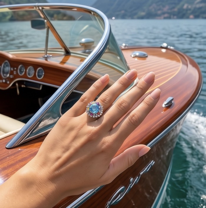 Ocean Blue Natural 22.8 carat Swiss Blue Topaz .925 Sterling Silver dipped in rhodium handmade Large Statement Ring size 8 - Blue topaz ring worn on hand, showcased on a boat background.
