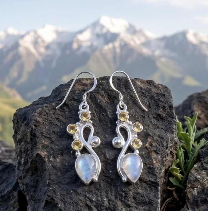 Cascades OF LIGHT Genuine 7.2 carat Fire Moonstone .925 Silver handcrafted earrings - Cascades of Light earrings on rock, mountain backdrop, front view.