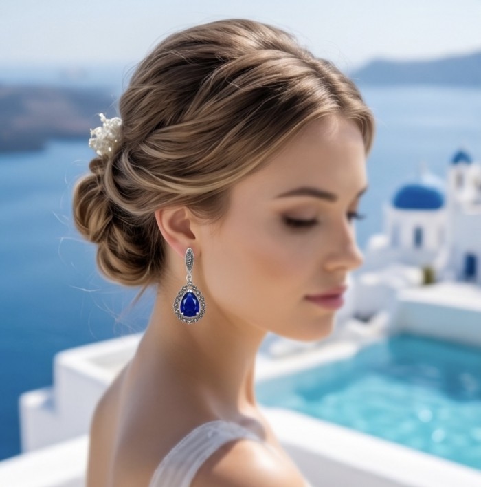 Precious White Flowers Blister Pearl 2.2 carat Kunzite 14K Gold over .925 Sterling Silver Necklace - Side view of woman wearing blue gemstone earring with scenic background.