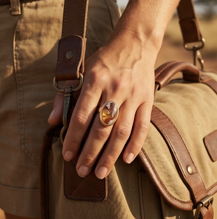 Bonfire Night best quality 28.4 carat Mexican Opal 18K Gold over .925 Sterling Silver handmade ring 7 1/4 - Opal ring on hand holding leather strap of canvas bag, side view.