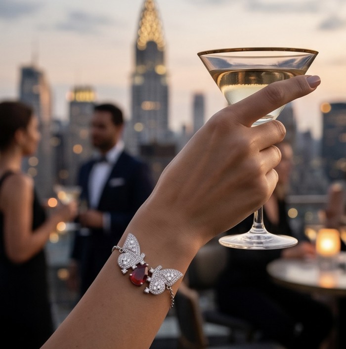 Giovanna - Magnificent Jewel 5.2 carat Ruby .925 Sterling Silver handcrafted incredible Statement Bracelet - Rooftop scene with Giovanna bracelet on wrist holding martini glass.