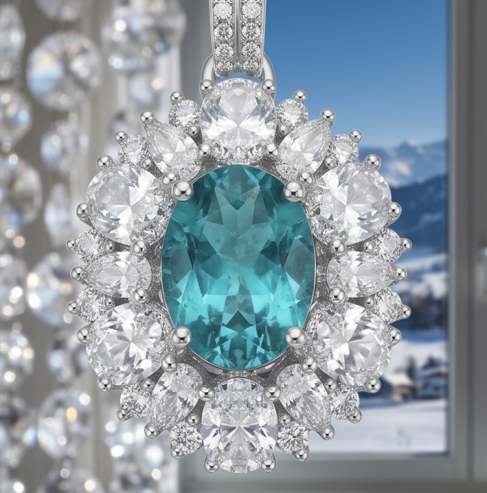 Wonderland 6.8 carat Paraiba Tourmaline .925 Sterling Silver Handcrafted Statement necklace - Close-up of Wonderland Paraiba Tourmaline pendant with diamonds