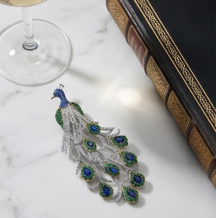 Most Incredible! - Natural 12.8 carat Sapphire Emerald Blue Peacock 2 tones 18K Gold over .925 Sterling Silver Large Brooch Pendant - Peacock brooch top view with sapphire and emerald details on table.