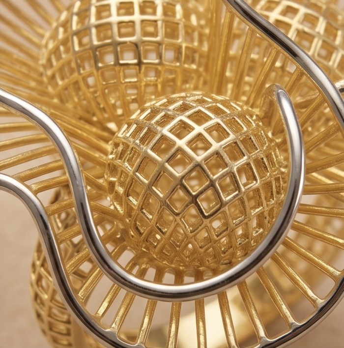 GOLDEN ROSE- Dubai Style - .925 Sterling Silver dipped in 22K Gold handmade Large ring size 7 1/4 - Close-up of GOLDEN ROSE jewelry in gold-plated sterling silver.