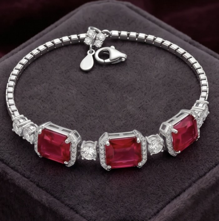 Art Deco - Crimson Royalty 10.2 carat Ruby .925 Sterling Silver .925 Sterling Silver Statement Bracelet - Top view of Art Deco bracelet with rubies and sterling silver clasp.