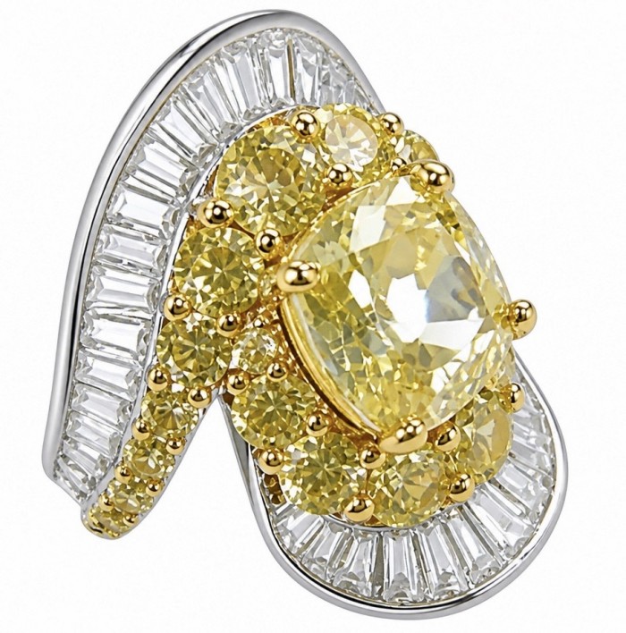 Wearable Art - Art Deco - Solid 25.8 carat Genuine Yellow Sapphire .925 Sterling Silver handcrafted ring size 6 - Close-up of Art Deco ring with yellow gemstones and diamond accents