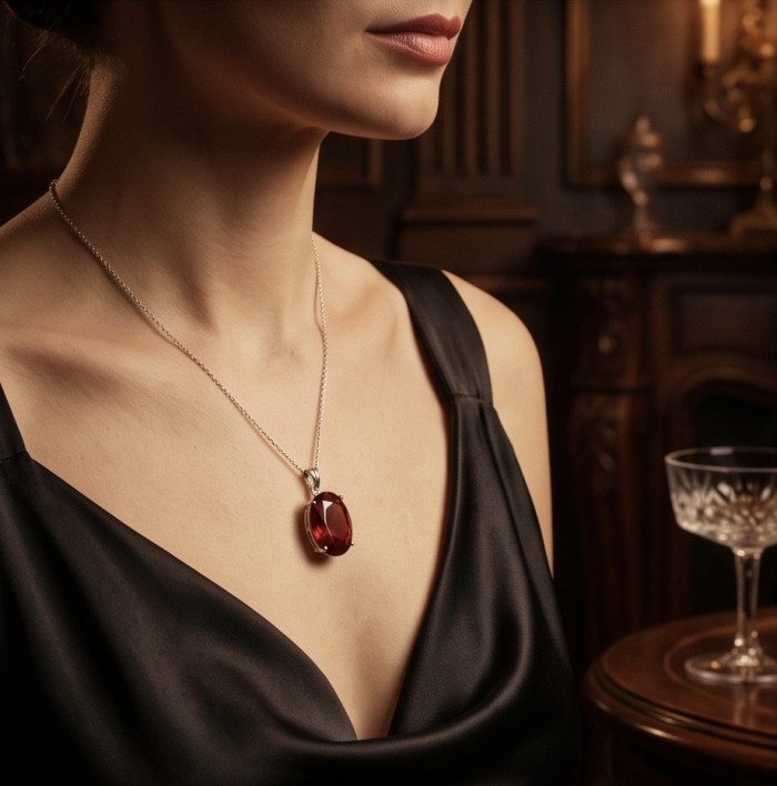 Giovanna 23.2 carat authentic Mozambique Ruby .925 Sterling Silver handmade Pendant - Woman wearing necklace with large Mozambique ruby pendant.