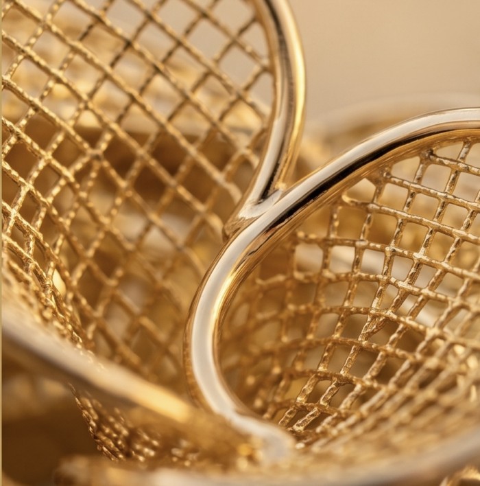GOLDEN ROSE- Dubai Style - .925 Sterling Silver dipped in 22K Gold handmade Large ring size 6 - Close-up of mesh design on GOLDEN ROSE jewelry, 22k gold-dipped silver.