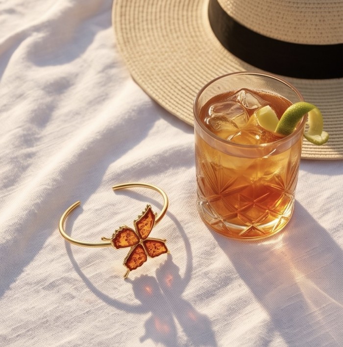 Golden Butterfly Genuine carved Baltic Amber .925 Sterling Silver dipped in 18K Gold handamde Bracelet - Golden butterfly amber bracelet on fabric with iced drink and hat.