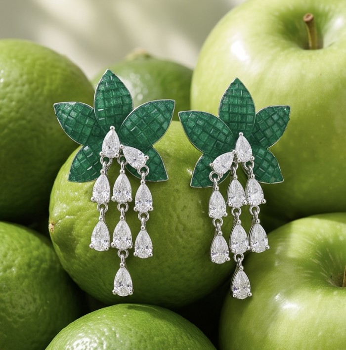 Born to Glam authentic 10.7 carat mystery setting Colombian Emerald .925 Sterling Silver handcrafted Statement earrings - Front view of emerald and diamond earrings on green apples