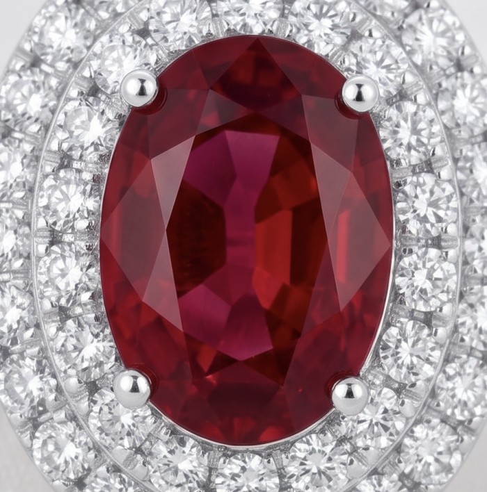 Natural 1.5 carat Mozambique Ruby .925 Sterling Silver Handcrafted Earrings - Close-up of oval Mozambique ruby with diamond halo in sterling silver.