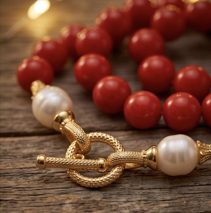 Konstancia Sublime natural Red Fossilized Coral Sterling Silver handmade Necklace - Clasp detail of red coral beads and pearl with gold accents on wood surface.